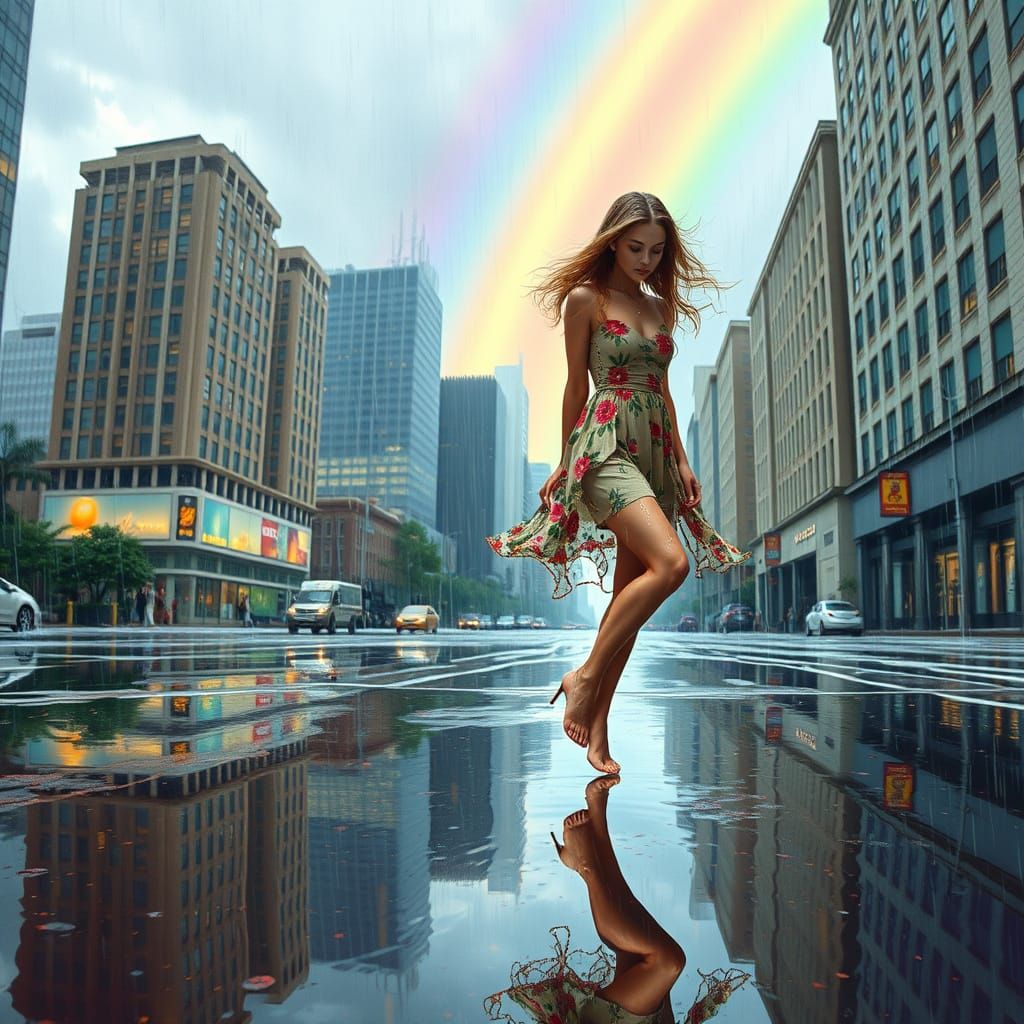 Femme Fatale Dances in Rainy Cityscape