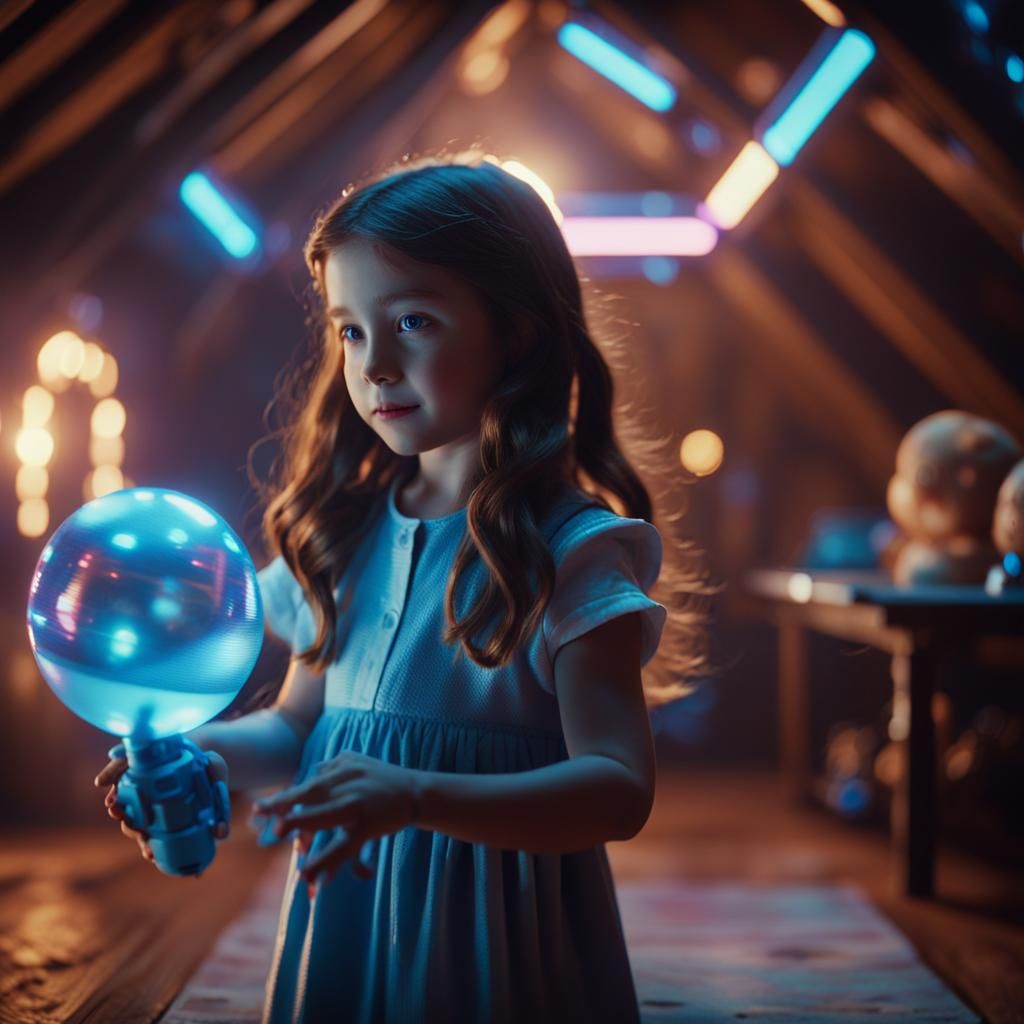 Girl Dances with Holographic Doll in Attic