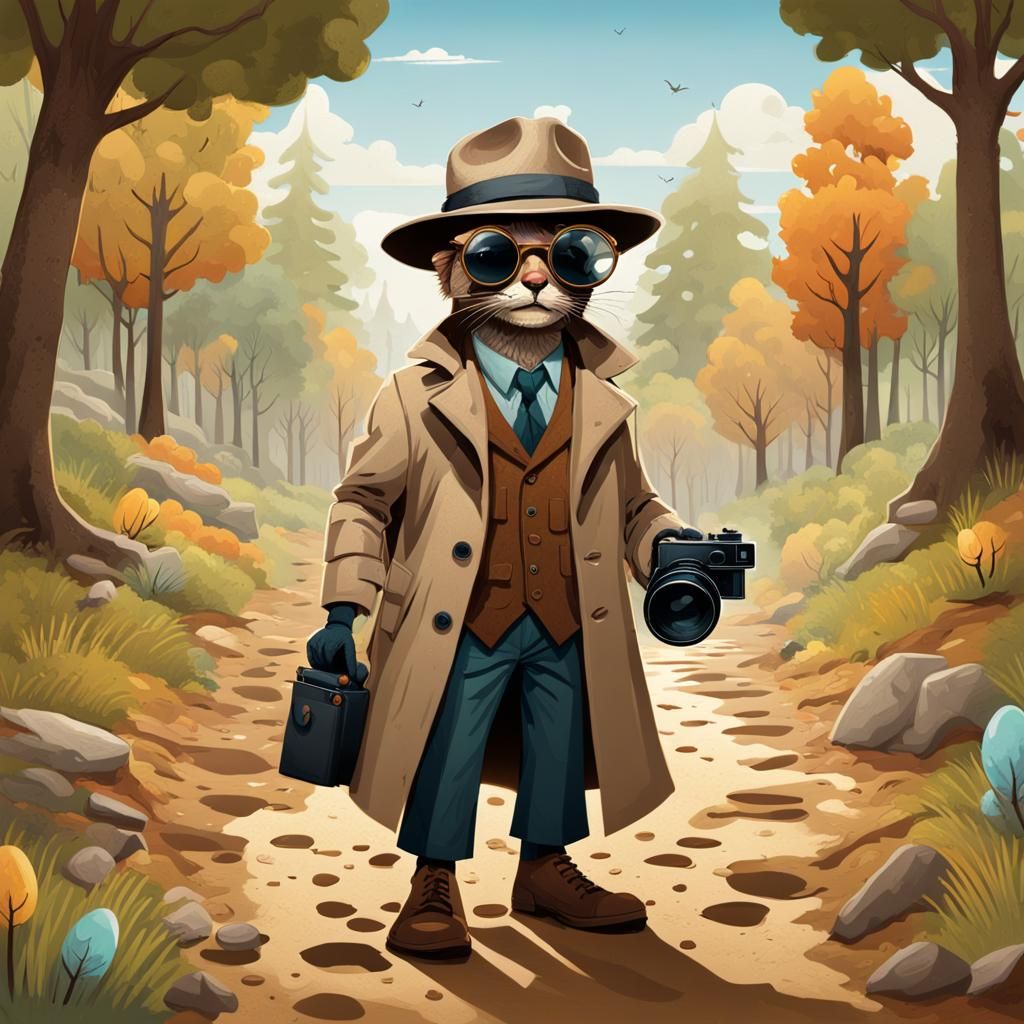 Detective Following Footprints in Folk Art Style