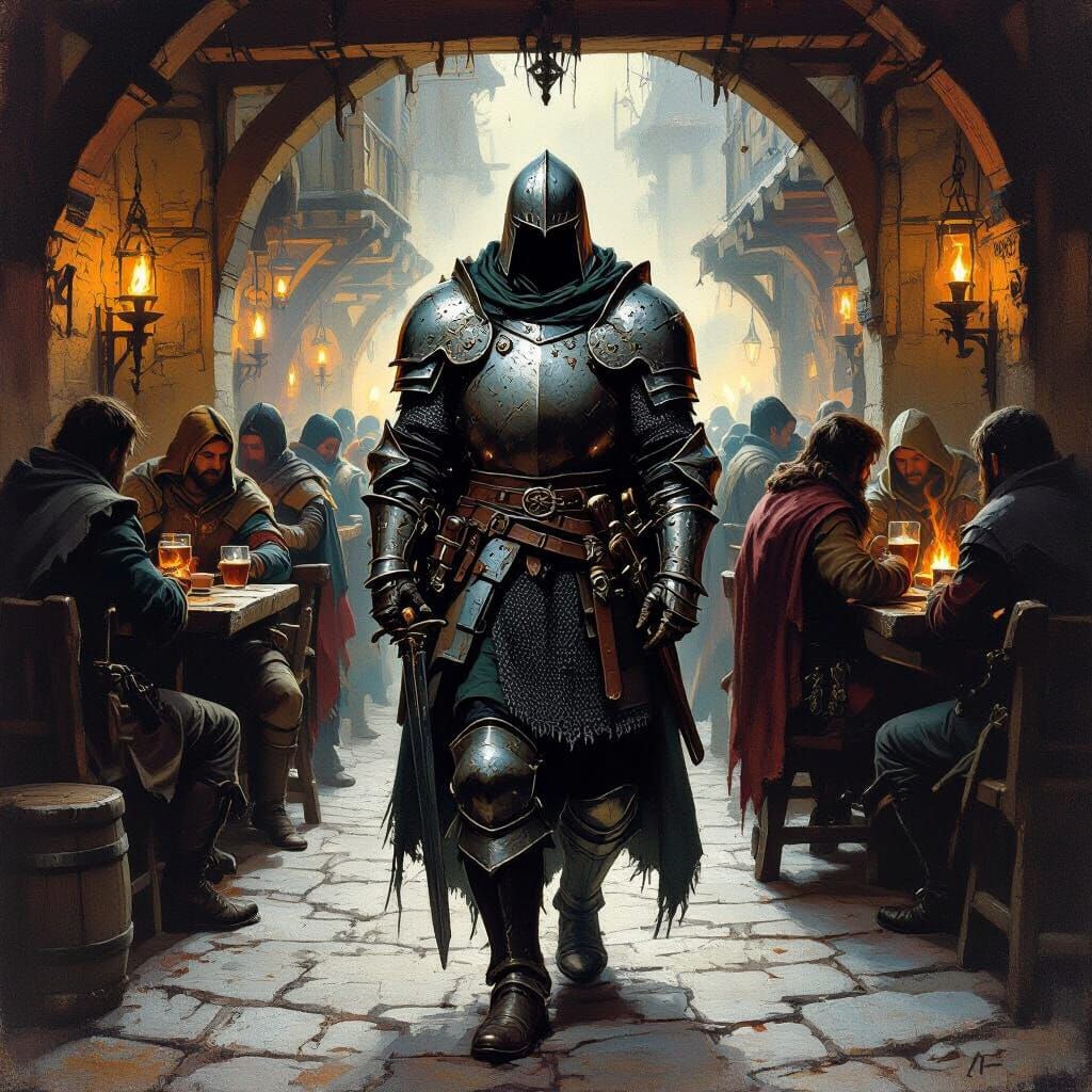 Knight Enters Medieval Tavern in Gritty Fantasy Style