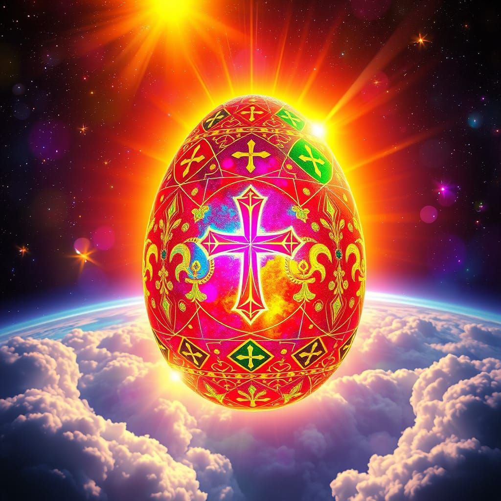 picture an Easter egg ornamented with luminous rainbow geometry, descending from the heavens, composed of intricately pa...