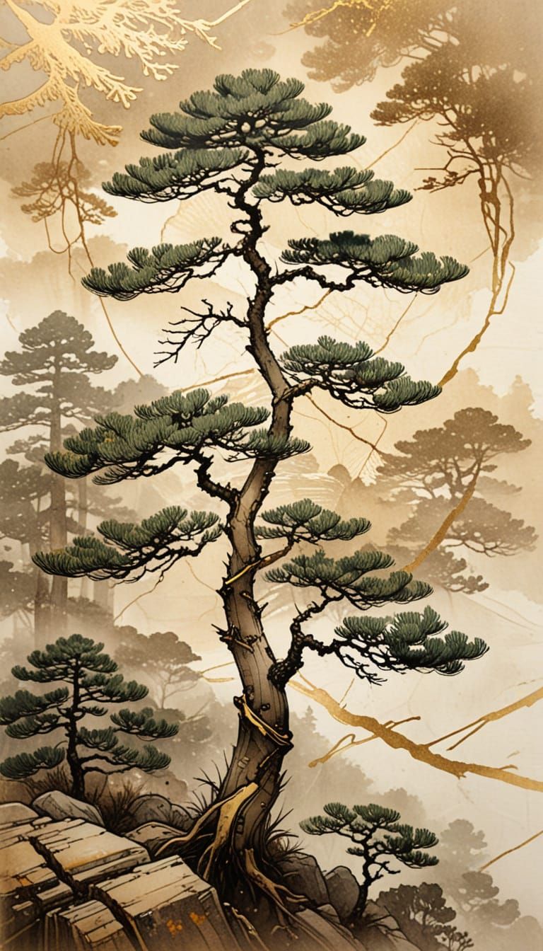 Kintsugi Pine Tree in Forest: Ink Painting