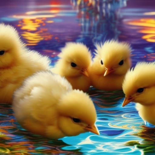 Fluffy Chicks Swimming Underwater at Sunrise