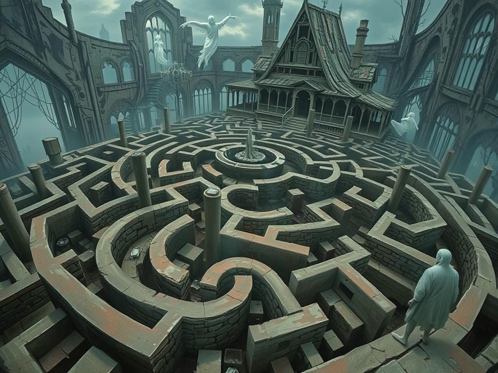 Haunted House Maze with Ethereal Ghosts, Horror Artwork