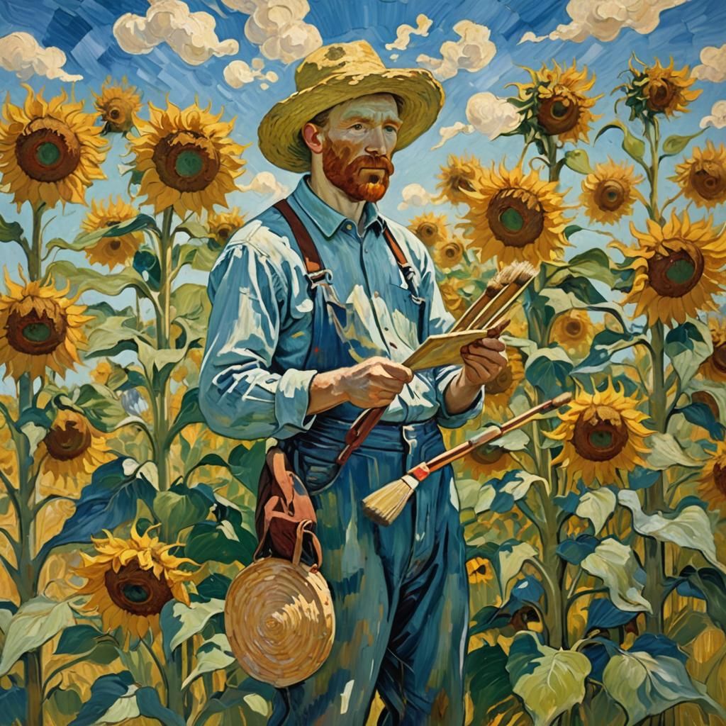 Man in Sunflower Field: Impressionist Oil Painting