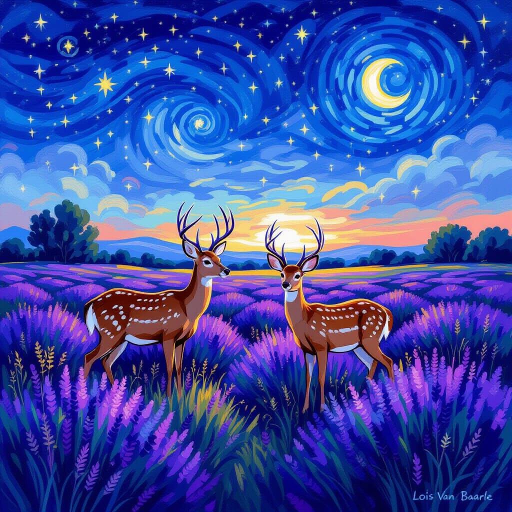 Deer in Lavender Field under Starry Night