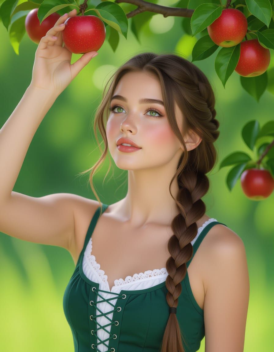 Young Woman Picks Ripe Apple in Sun-Dappled Orchard