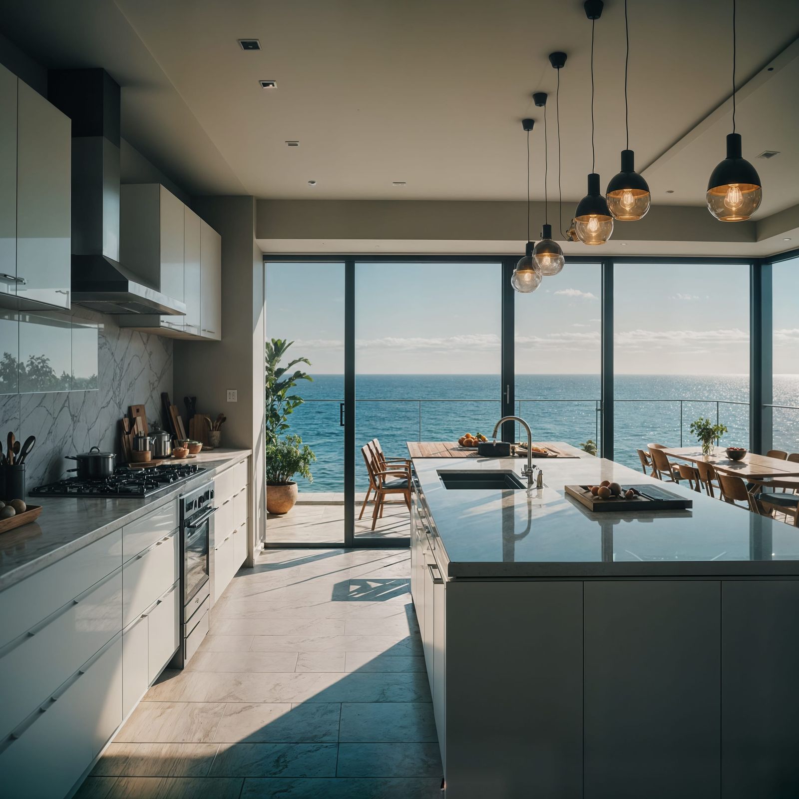 Modern Kitchen with Ocean View, Cinematic Film Still