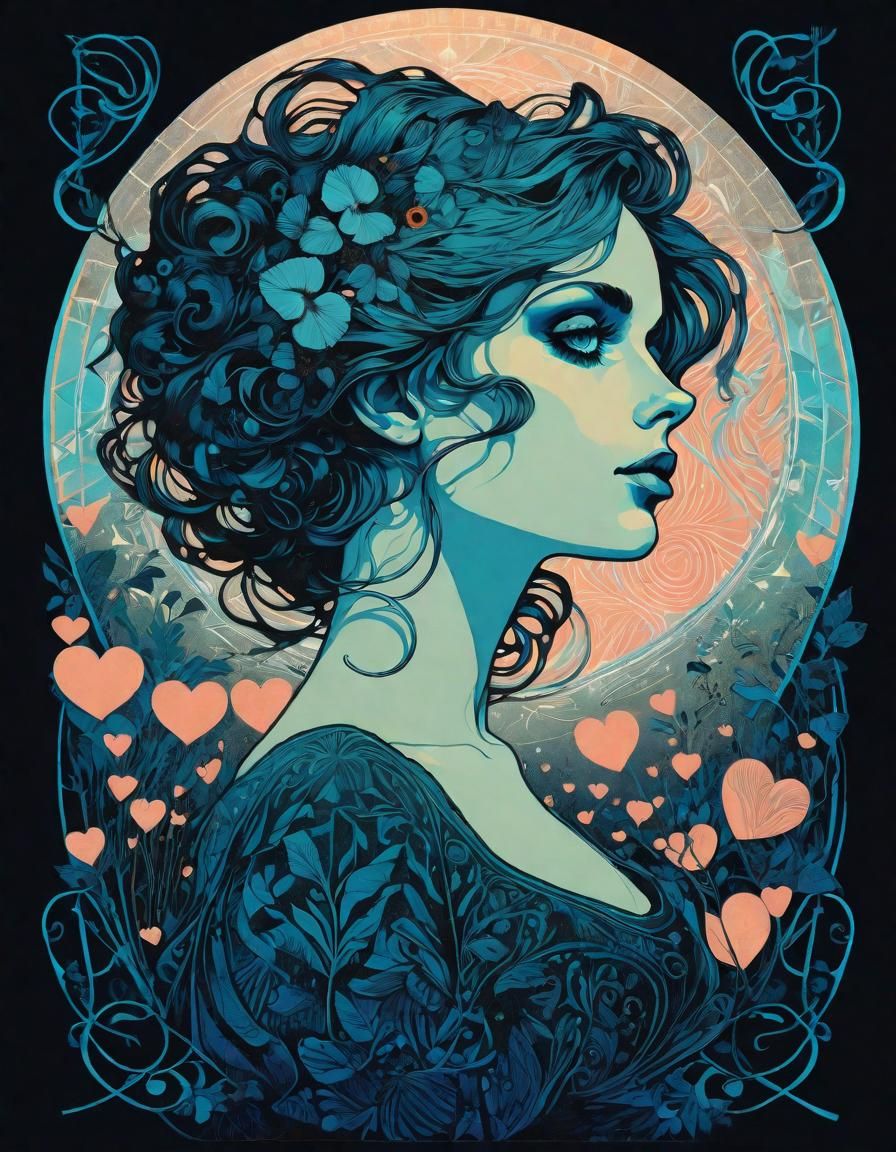 Art Nouveau Ink Drawing with Runes and Hearts