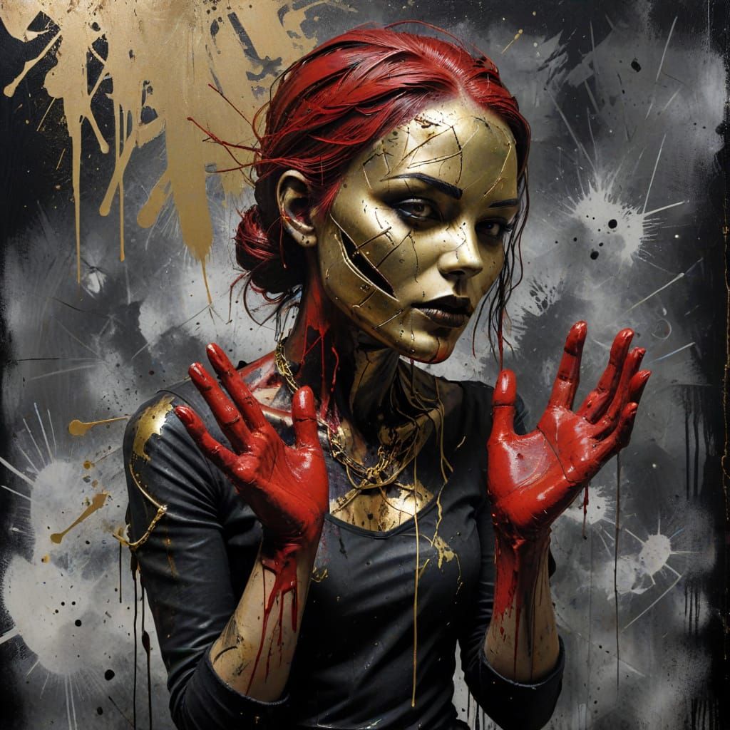 Grayscale Figure Manipulating Strings in Street Art Style