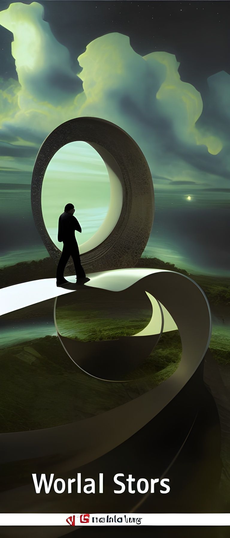 Surreal World Walker on Metal Arch in Liminal Space