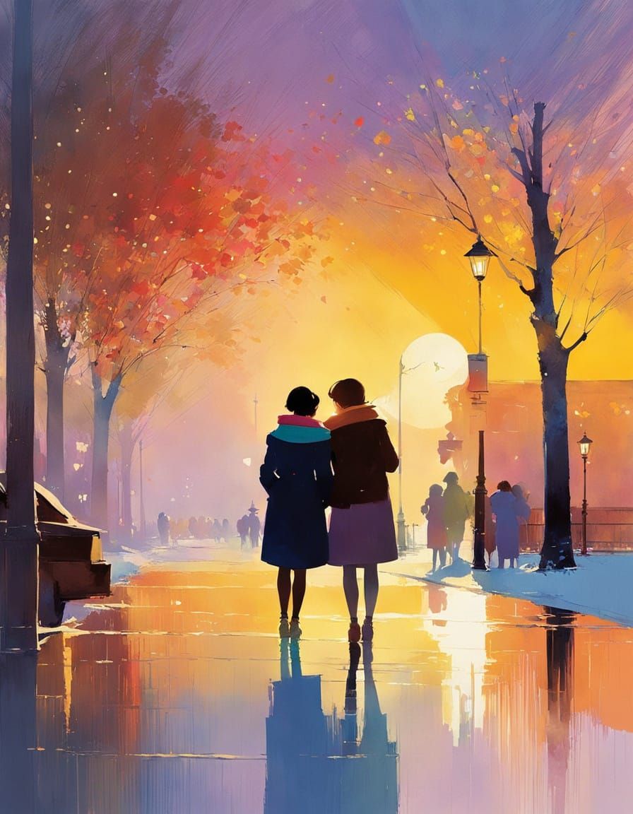 Affectionate Women in Golden Light, Impressionistic Style