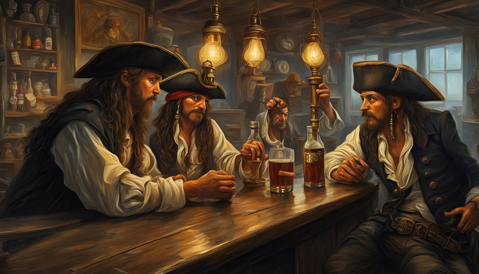 Pirates Drinking Rum in Hyperrealistic Oil Painting