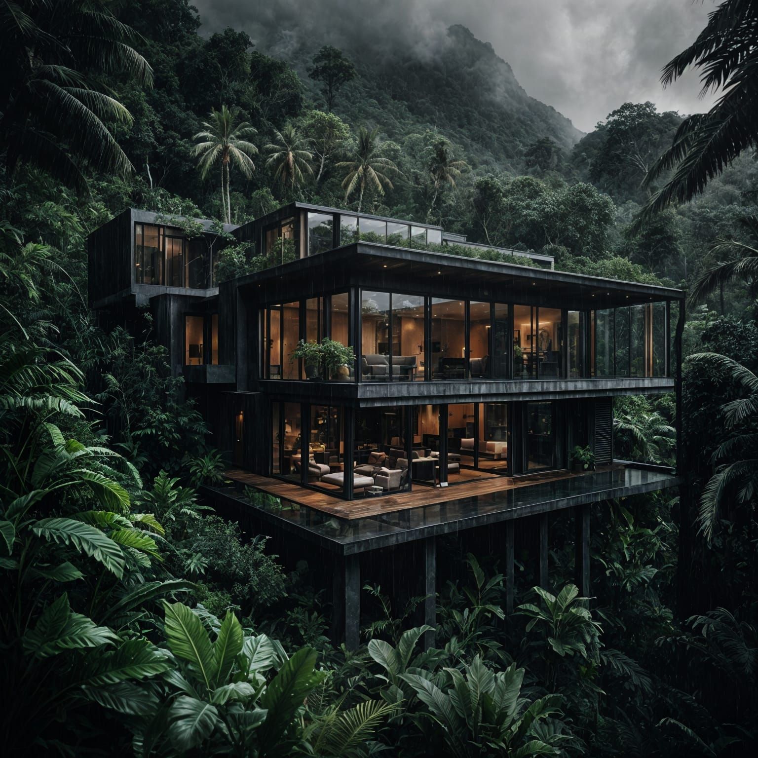Luxury Villa in Dense Jungle Rainstorm