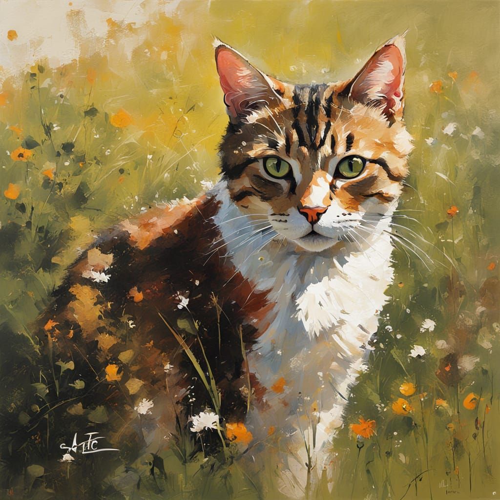 Glossy Portrait of a Tabby Cat in a Meadow