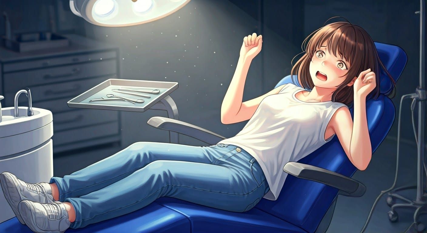 Distressed Girl's Dental Surgery: Vibrant Anime Illustration