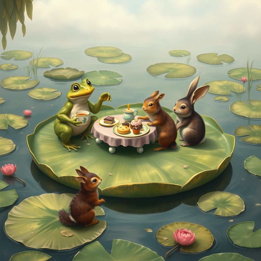 Whimsical Tea Party on Lily Pad in Matte Painting Style