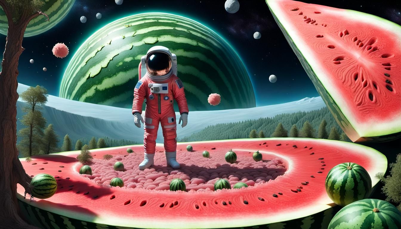 Astronaut on Watermelon Planet Gazing at Food Asteroids