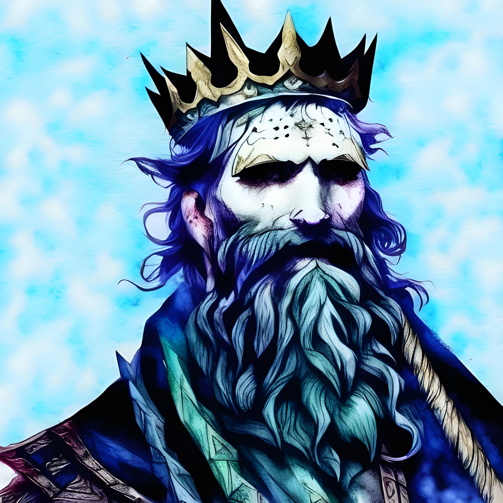 Norse God-King Portrait in Digital Ink and Watercolor