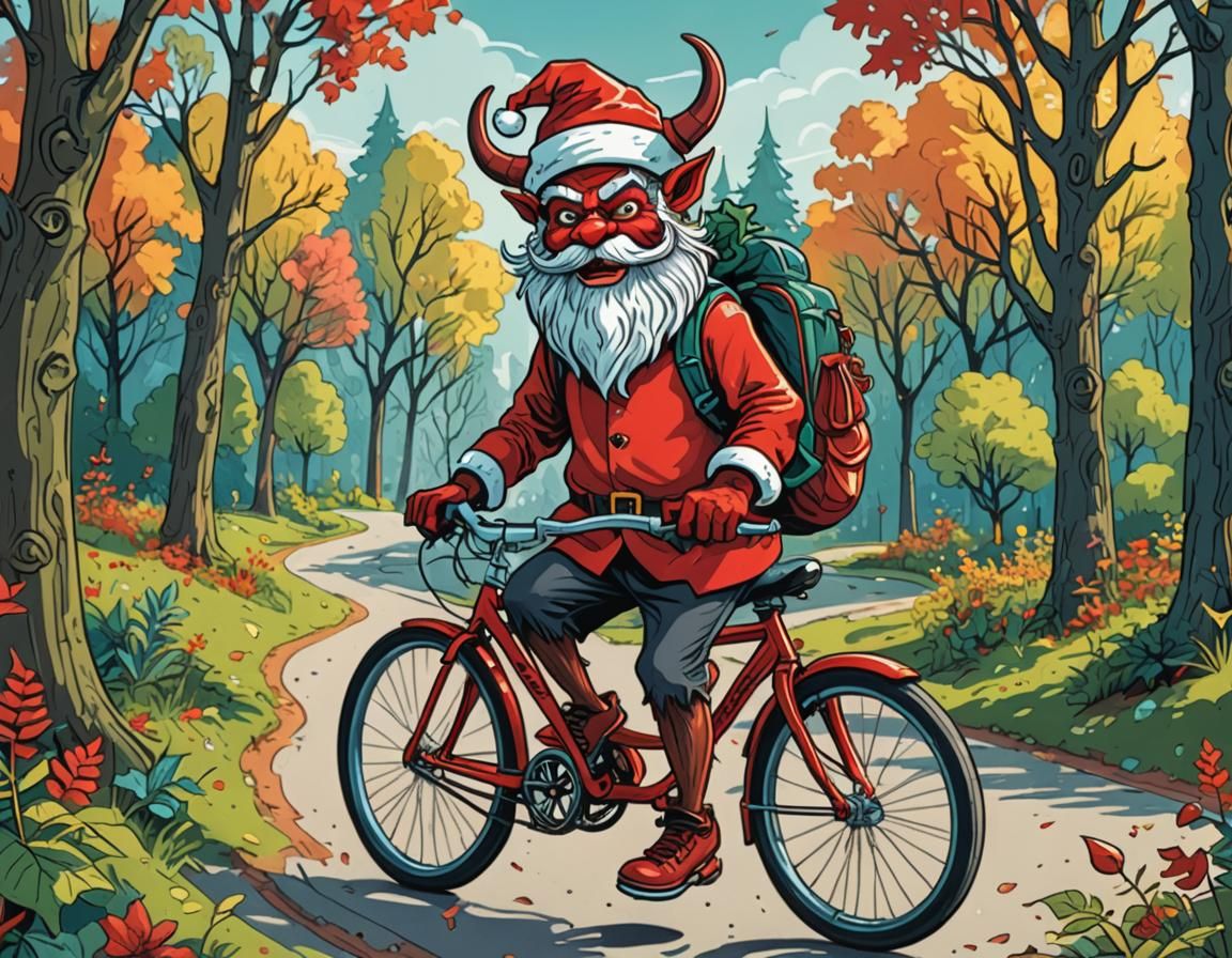 Cartoon Devil Rides Bike in Park, Modern Art