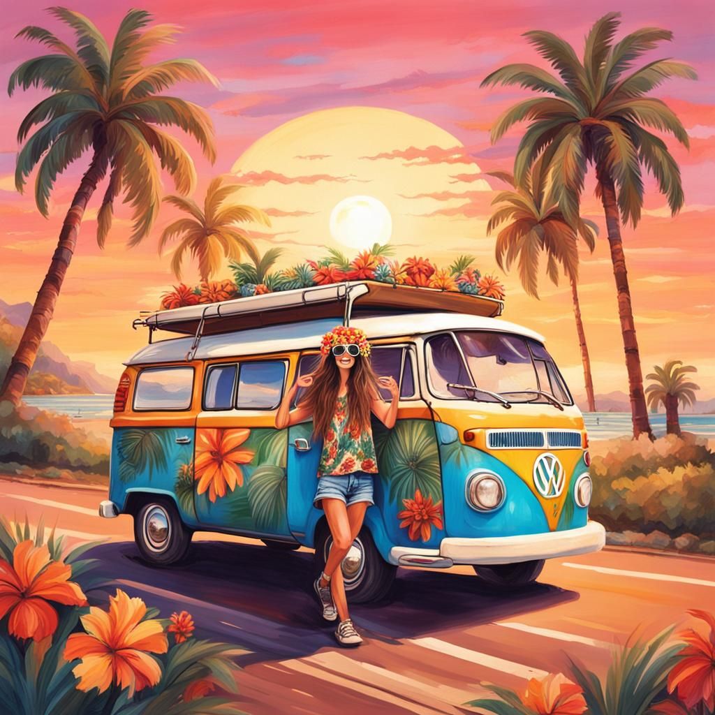 Happy Hippy Girl Driving a Flower VW Van