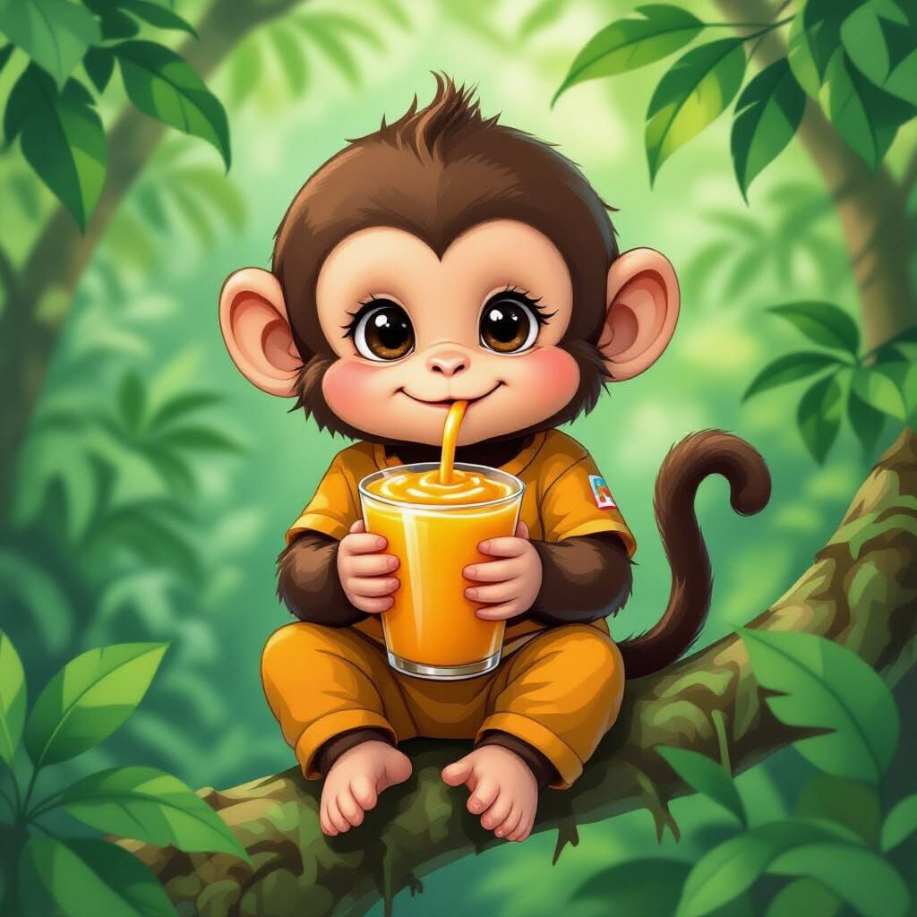 Cute Monkey with Smoothie in Jungle, Murakami Style