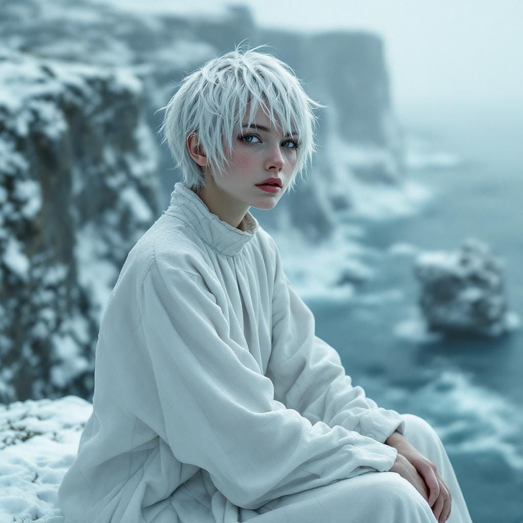 Albino Woman in Snowy Blizzard, Digital Painting