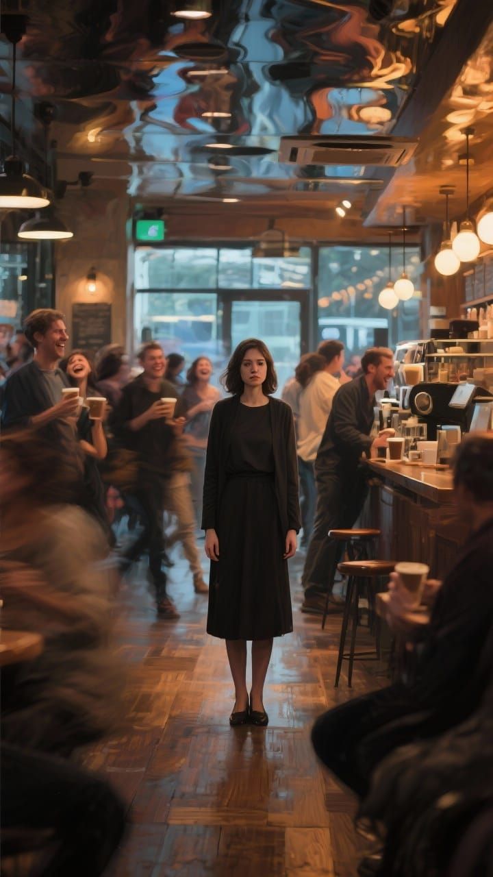 Melancholy Woman Alone in Busy Coffee Bar