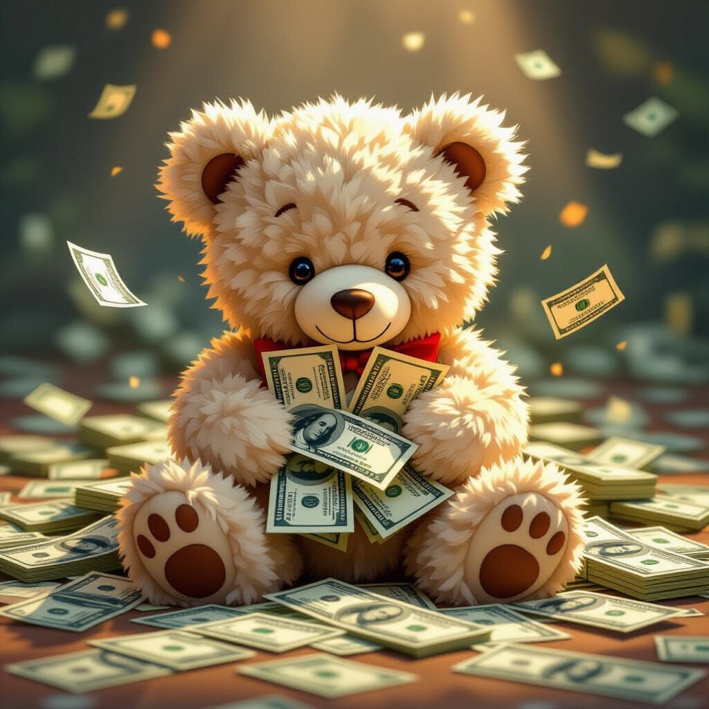 Cute Stuffed Bear Overflowing With Dollar Bills