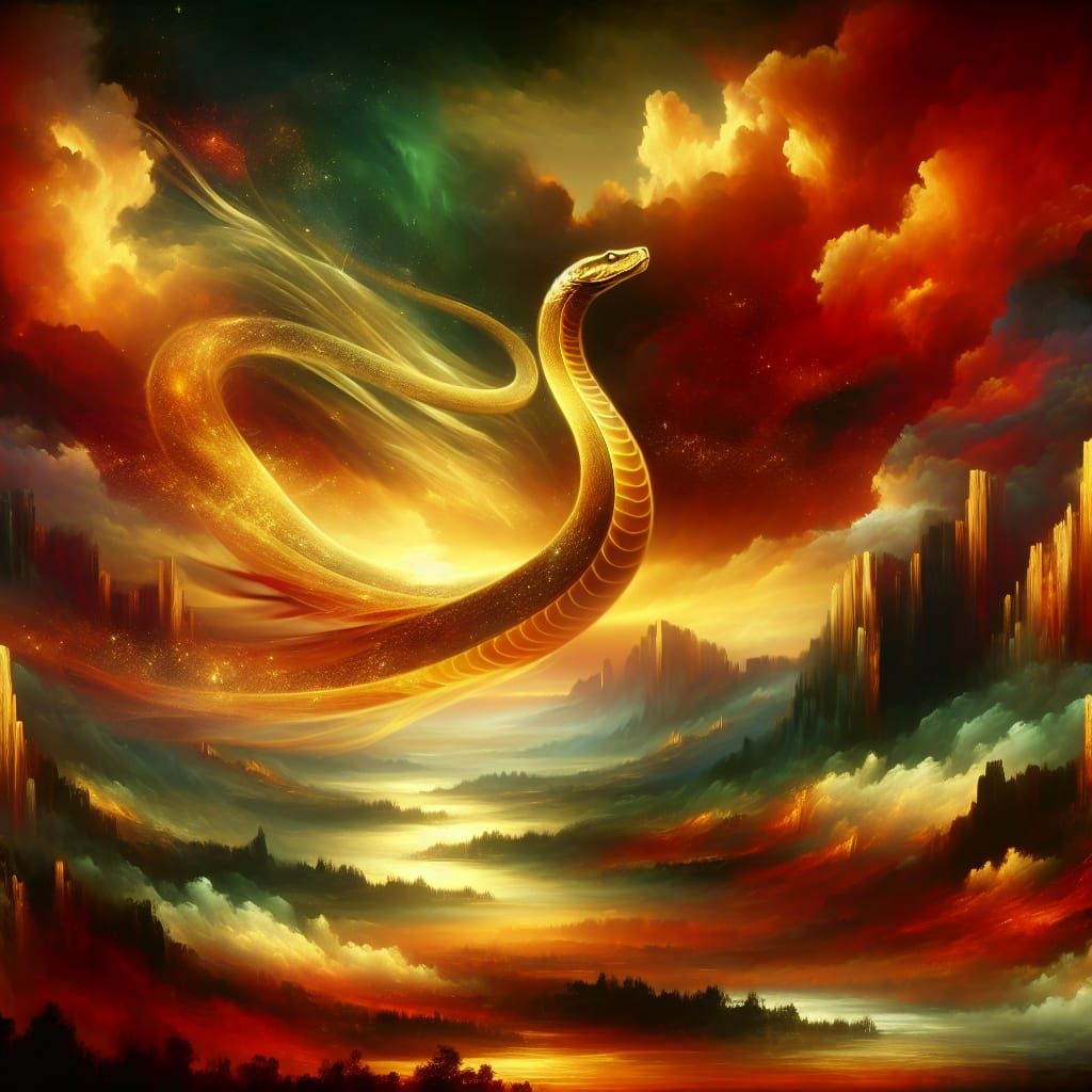 Golden Snake Soars Through Crimson Landscape
