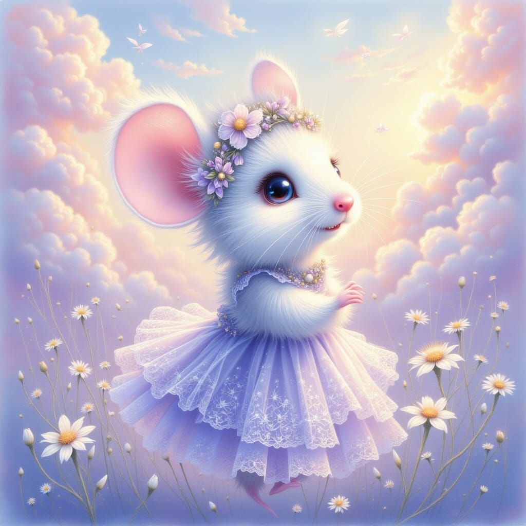 Sweet Mouse in Periwinkle Dress with Flowers, Pastel Dreamsc...