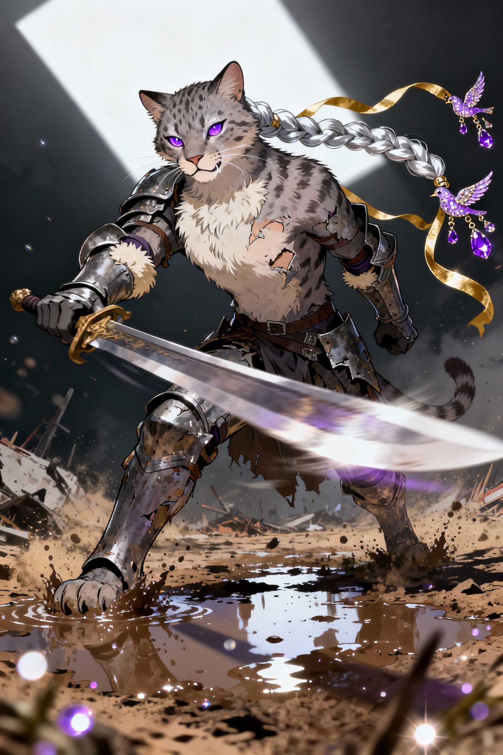 Anime Lynx Warrior in Battle, Low Angle View