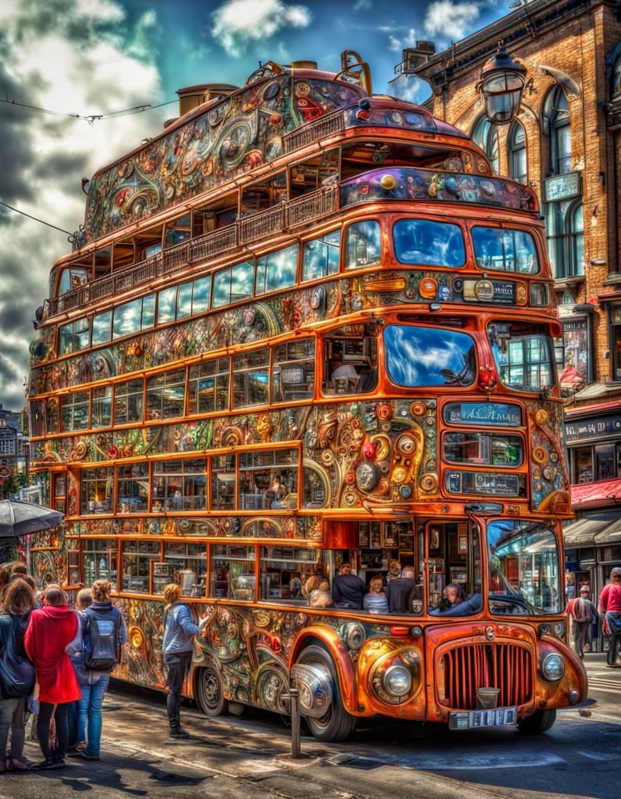 Steampunk Double Decker Bus Cafe in Maximal Fantasy Style