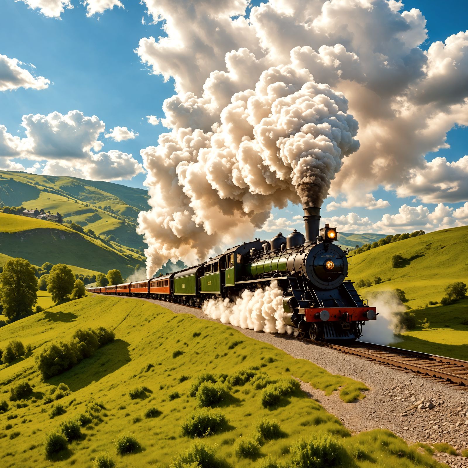 Vintage Steam Train Journey Through Picturesque Landscape