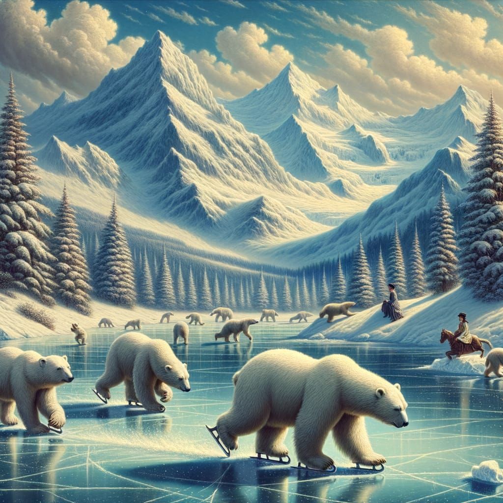 Polar Bears Ice Skating in Hyper-Realistic Winter Scene