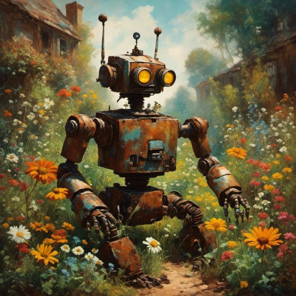 Robot in Garden with Daisy: Solid Cel Style