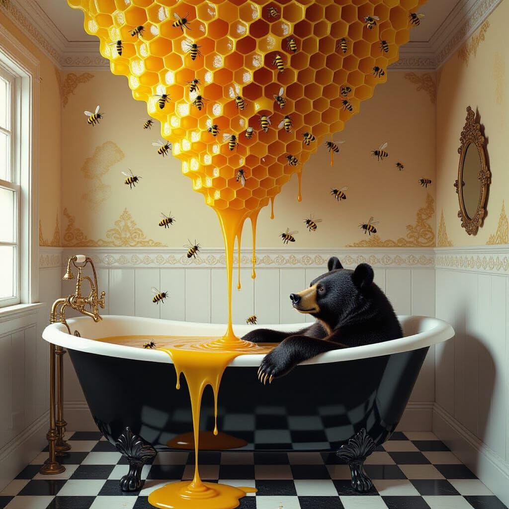 Bear in Honeycomb Bathtub, Digital Art