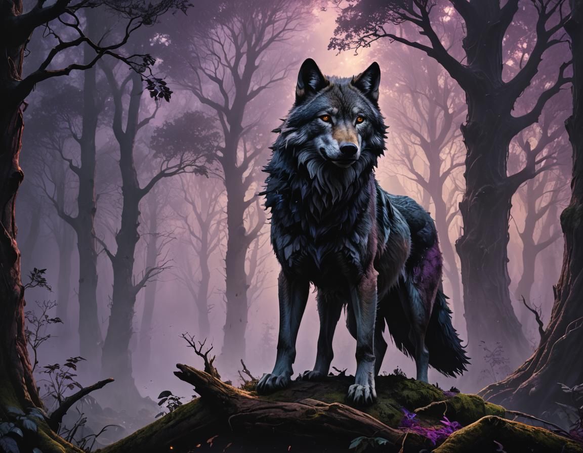 Wolf Gazing into Future in Dark Fantasy Style