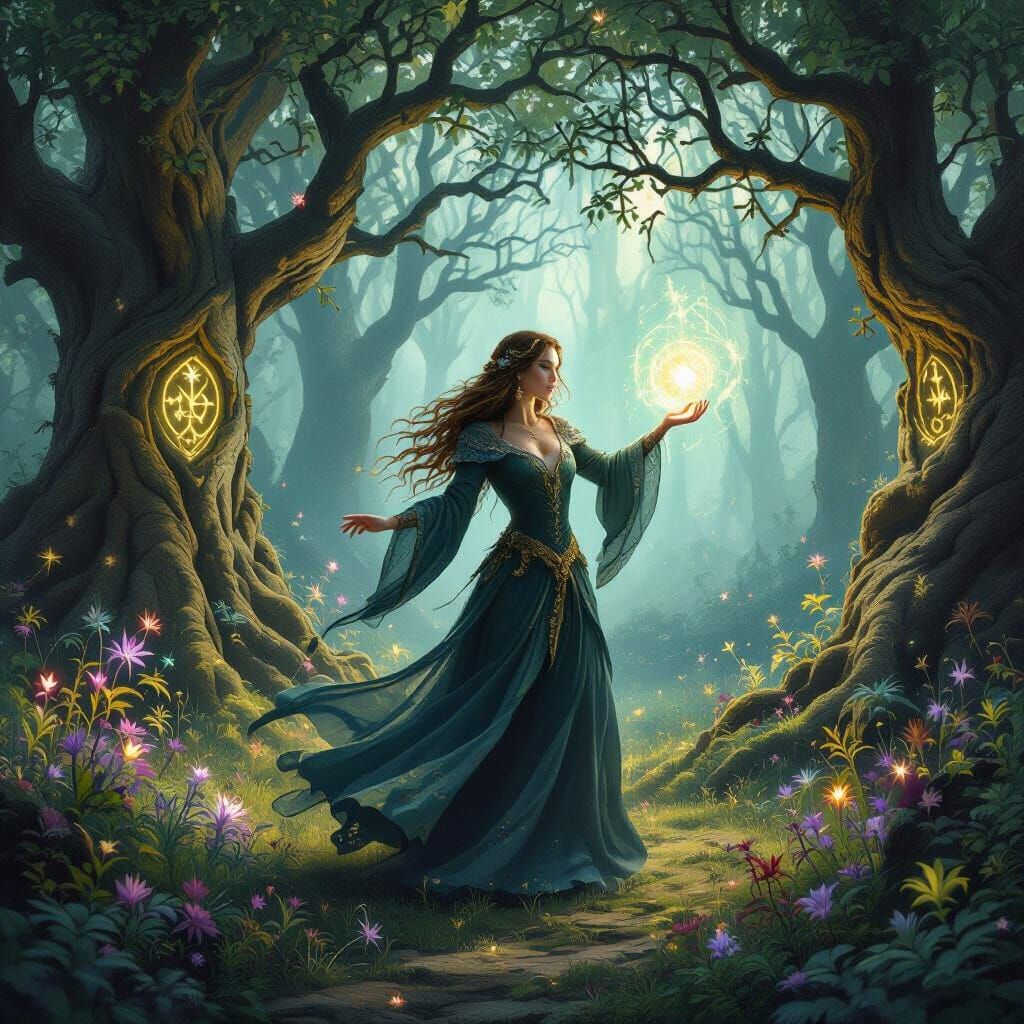 Ethereal Sorceress in Enchanted Forest, Renaissance Landscap...