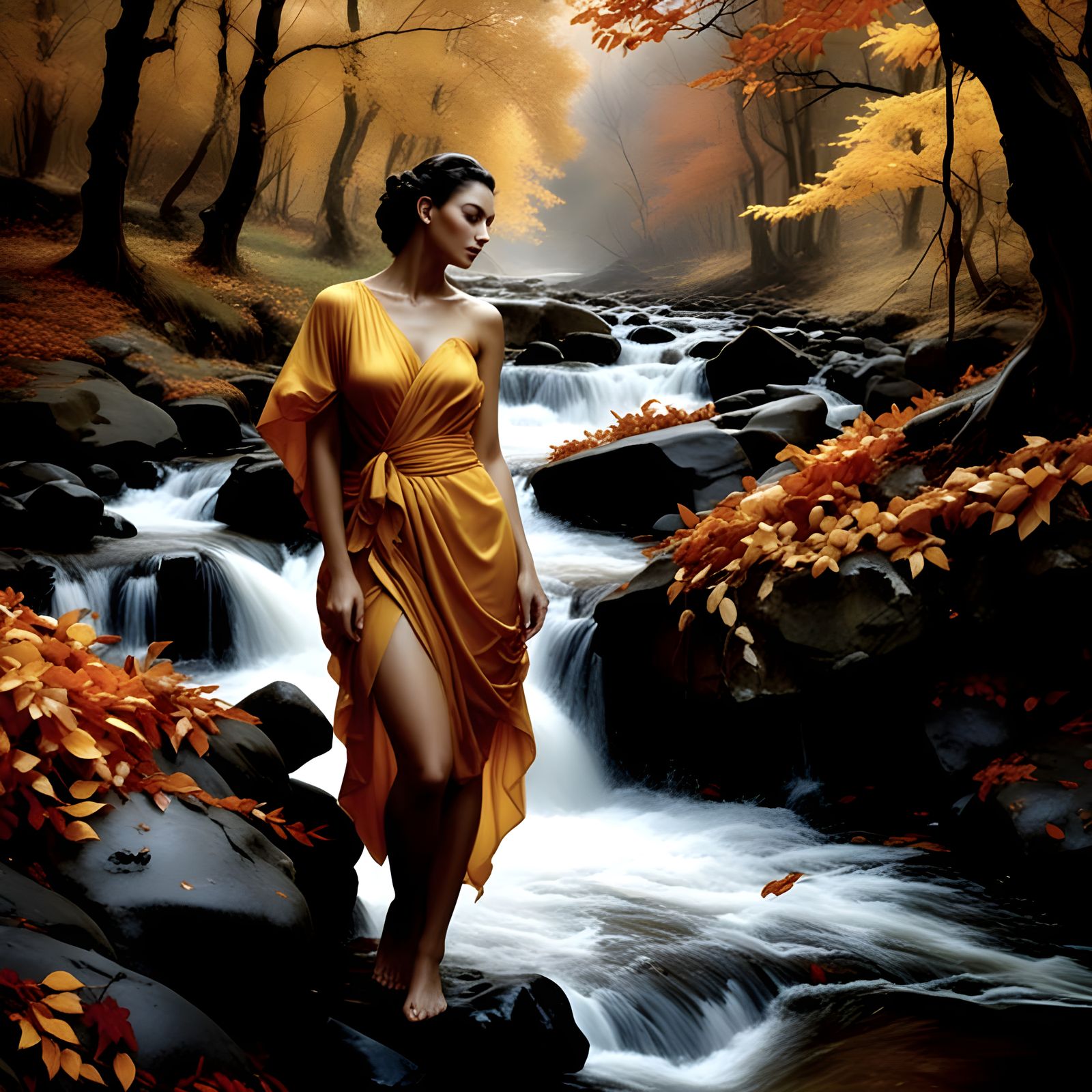 The women toe dipping in the brook.