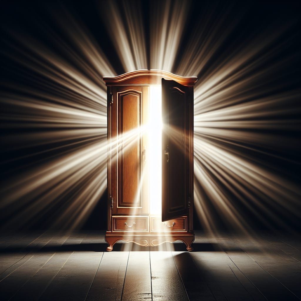 Vintage Wardrobe Radiating Light in Darkness