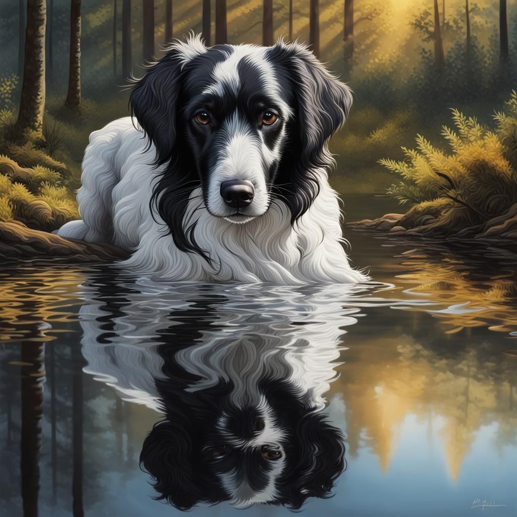 Stabyhoun Dog Reflecting in Forest Lake