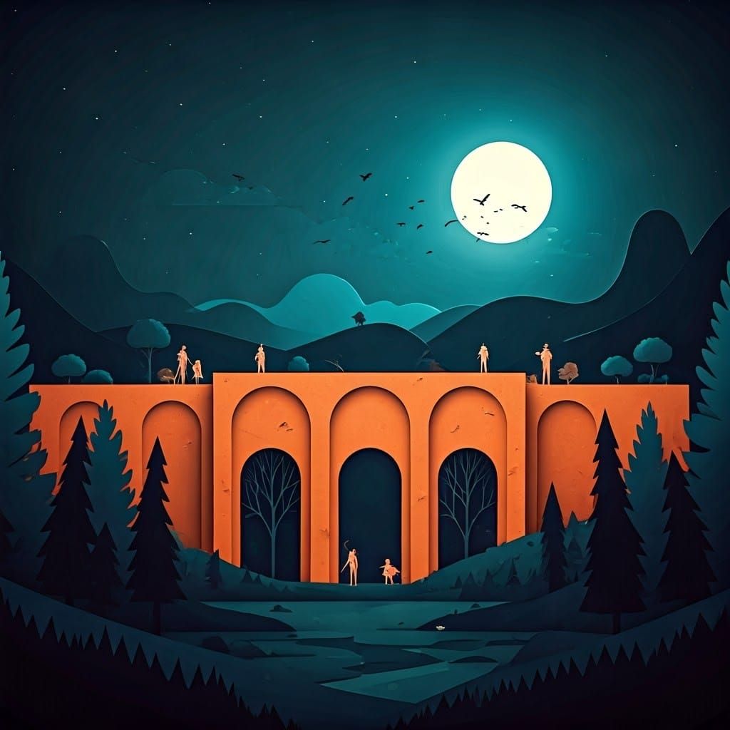 Copper Structure at Night in Paper Cut-Out Style