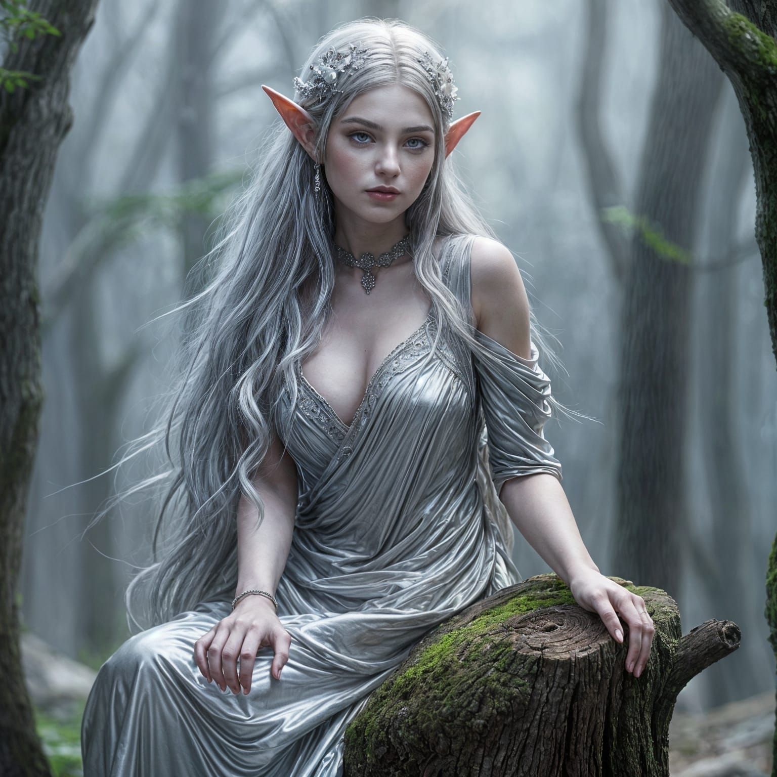 Hyperrealistic Silver Elf Woman on Tree Stump