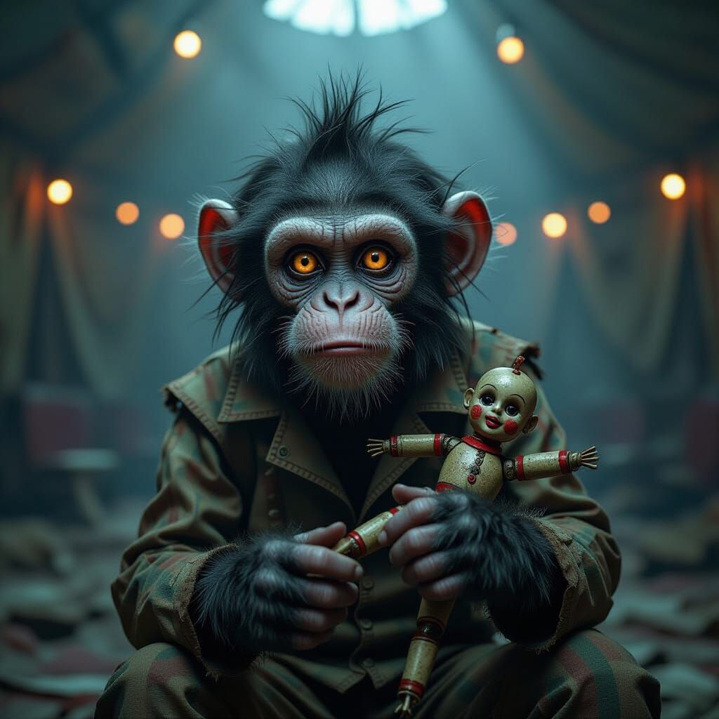 Demented Circus Monkey in Dark Surrealism Style