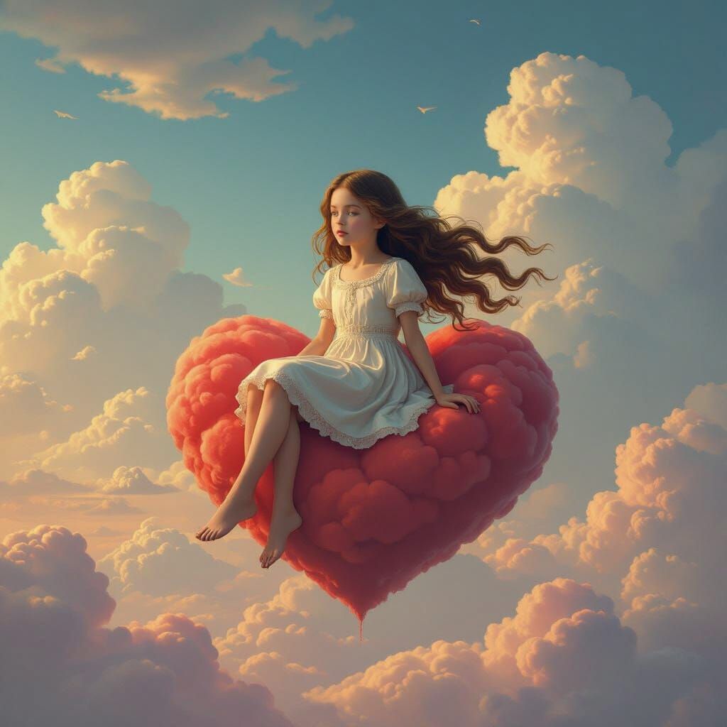 Girl on Heart Cloud in Dreamy Landscape