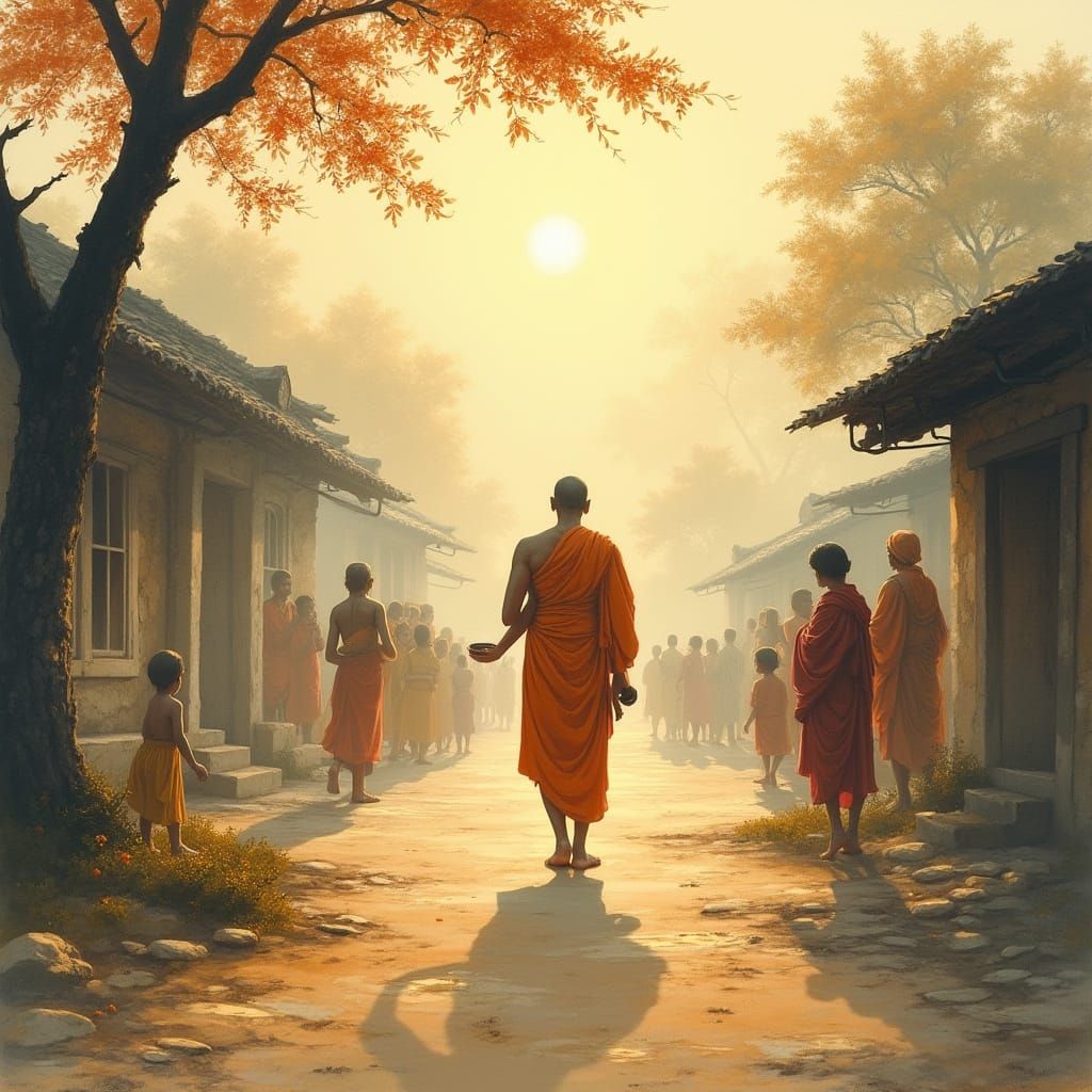 Buddha in Ancient Village: Chinese Watercolor Art