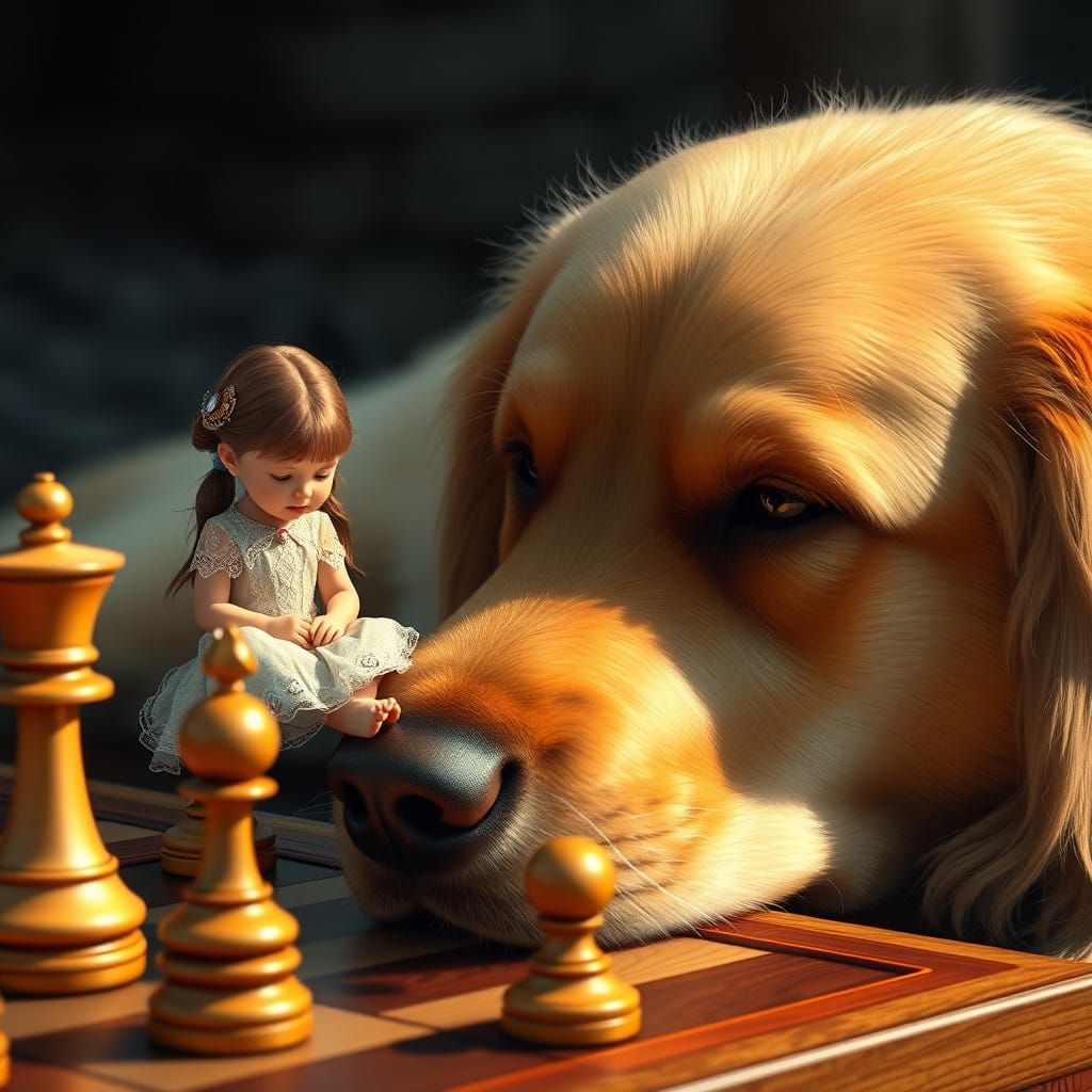 Majestic Dog Hosts Whimsical Chess Game