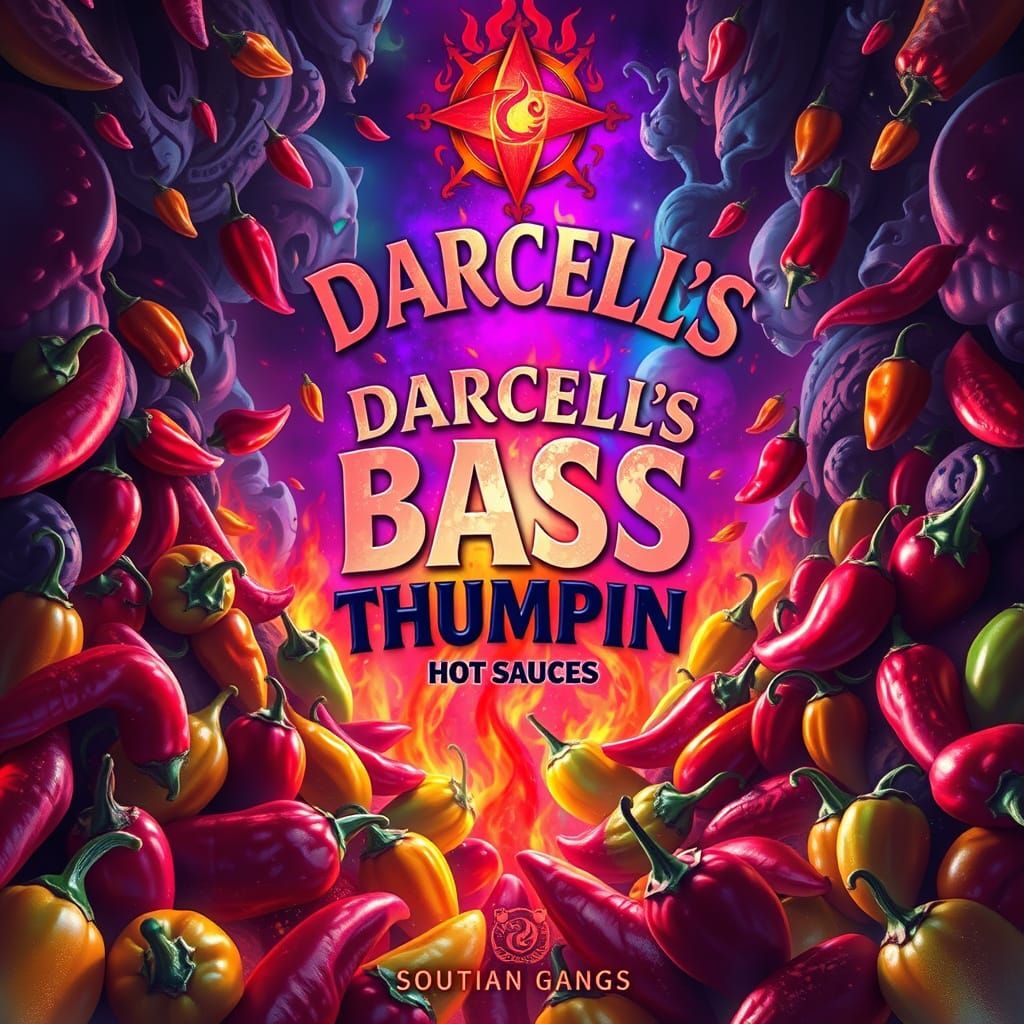 Vibrant Hot Sauce Label with Blazing Peppers and Flames