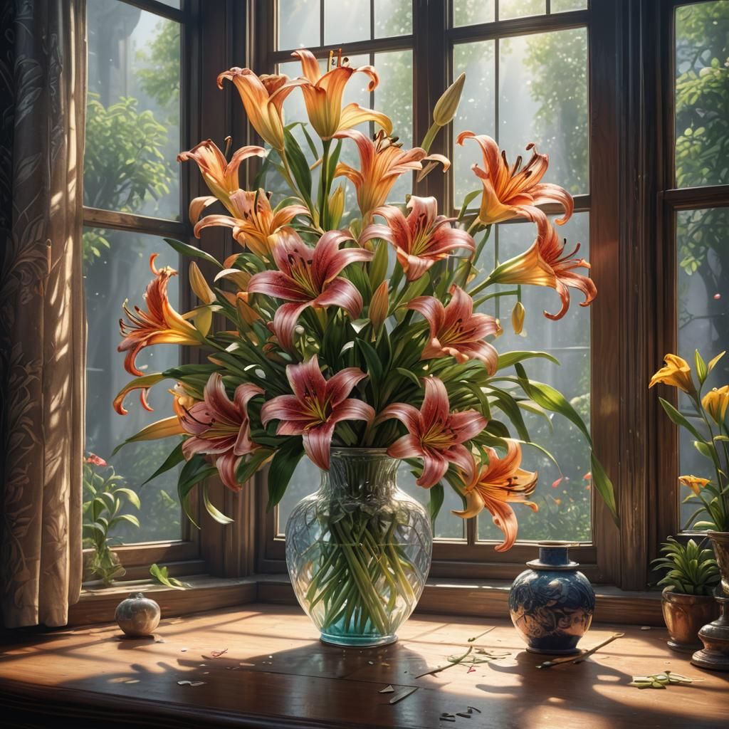 Detailed Pencil Drawing of Lilies in Vase